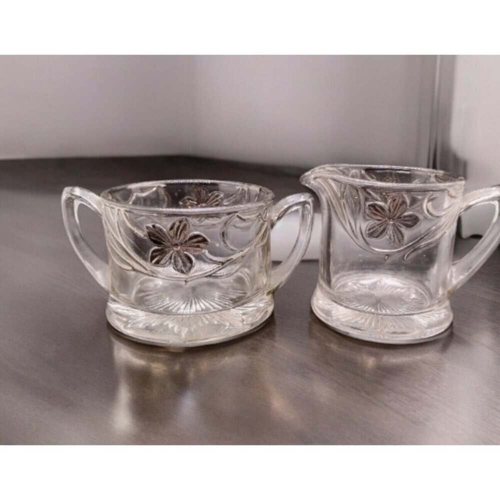 Indiana Glass Co EAPG Antique Open Creamer Sugar Set Clear Silver Floral